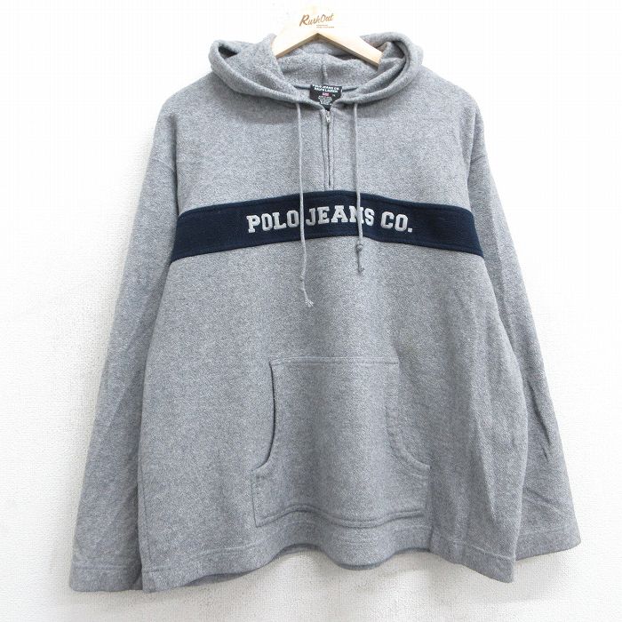 【50%OFF】L★古着 ラルフローレン Ralph Lauren ポロジーンズ 長袖 ハーフジップ フリース ジャケット パーカー メンズ 00年代 00s ビッグロゴ グレー 【spe】 25jan23 中古 アウター