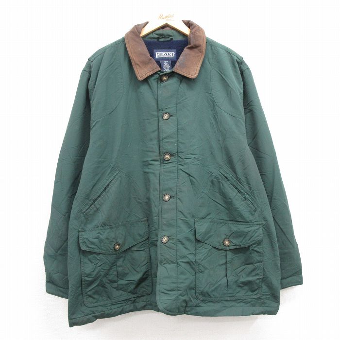 【50%OFF】XL★古着 ランズエンド 長袖 ナイロン ジャケット メンズ 00年代 00s　ロング丈 襟レザー 緑他 グリーン 内側フリース 25jan24 中古 アウター