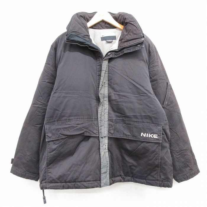 【50%OFF】XL★古着 ナイキ NIKE 長袖 ダウン ジャケット メンズ ワンポイントロゴ リフレクター 大きいサイズ コットン 黒他 ブラック 内側フリース 【spe】 25jan27 中古 アウター