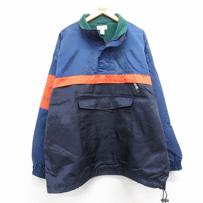 【50%OFF】XL★古着 IZOD 長袖 ハーフジップ ナイロン アノラック ジャケット メンズ 90年代 90s ワンポイントロゴ 大きいサイズ ロング丈 紺他 ネイビー 内側フリース 25jan27 中古 アウター