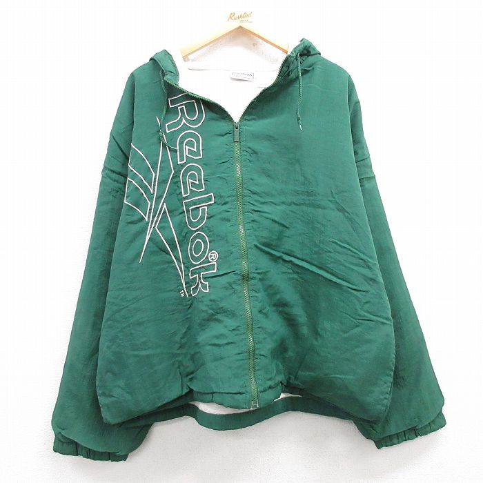 XL★古着 リーボック REEBOK 長袖 ナイロン ジャケット パーカー メンズ 00年代 00s ビッグロゴ 刺繍 大きいサイズ 緑 グリーン 25jan27 中古 アウター
