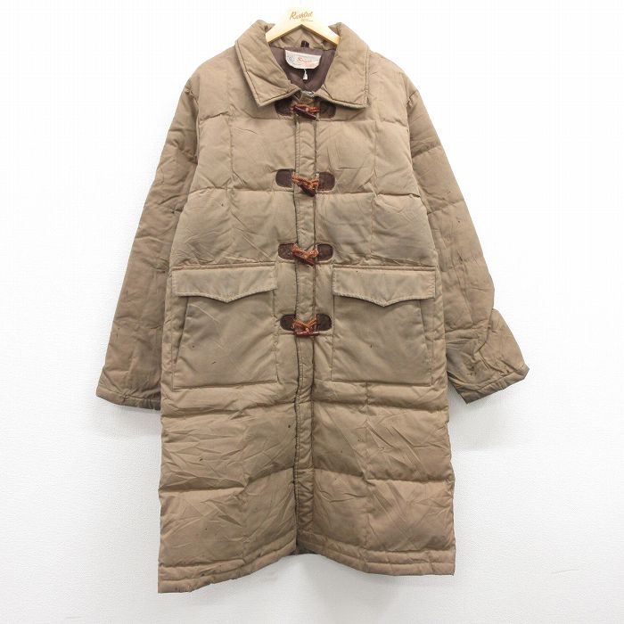 【20%OFF】L★古着 長袖 キルティング ダウン ダッフル コート メンズ 70年代 70s ロング丈 茶 ブラウン 内側キルティング 25jan27 中古 アウター