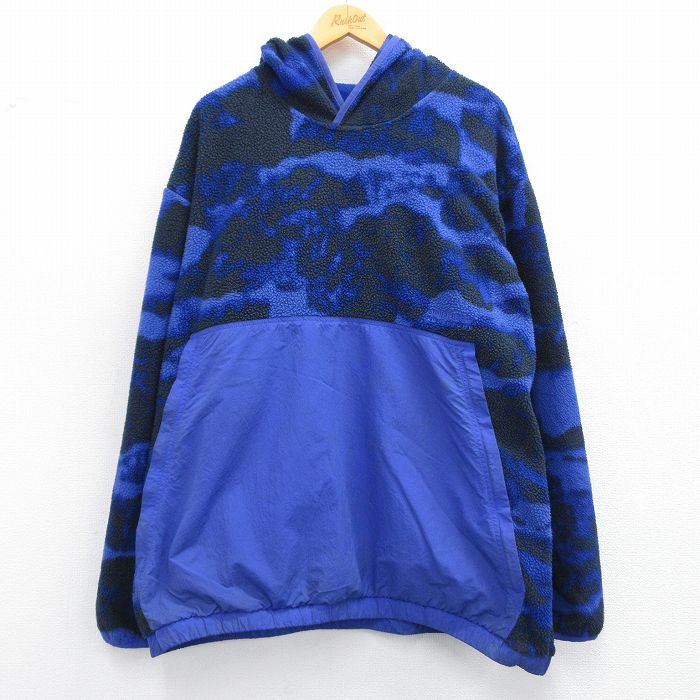 XL★古着 アディダス adidas 長袖 フリース ジャケット パーカー メンズ ワンポイントロゴ リーフ トレフォイル 大きいサイズ 青他 ブルー 迷彩 25feb04 中古 アウター