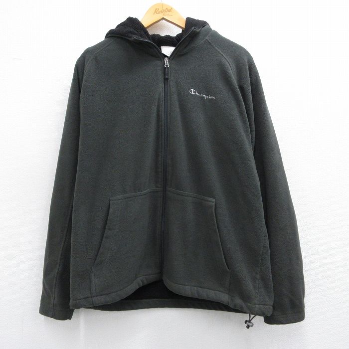【50%OFF】L★古着 チャンピオン champion 長袖 フリース ジャケット パーカー メンズ ワンポイントロゴ ラグラン 濃緑 グリーン 25feb04 中古 アウター