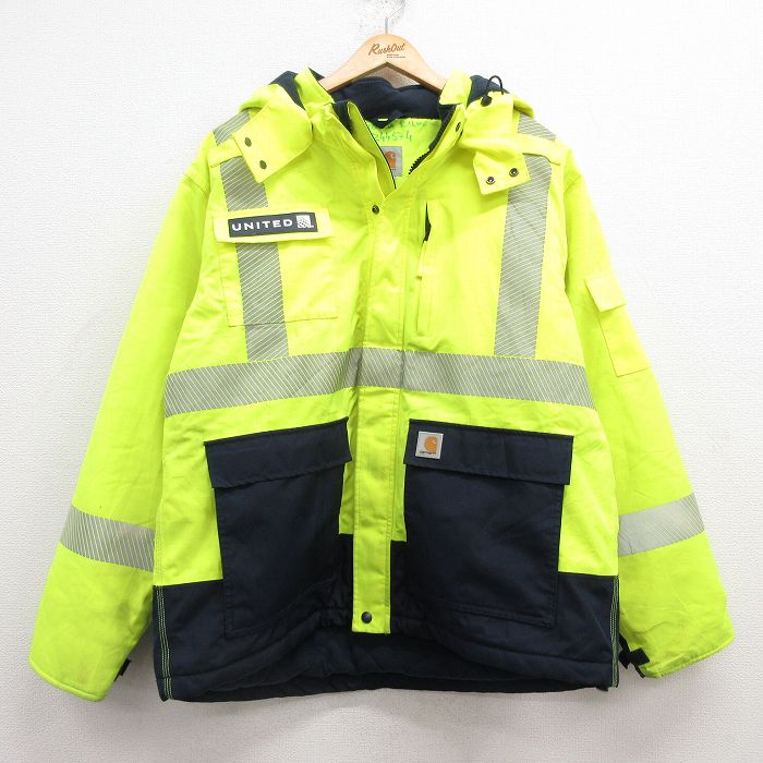 XL★古着 カーハート Carhartt 長袖 ジャケット パーカー メンズ リフレクター 大きいサイズ 黄緑他 内側キルティング 25feb05 中古 アウター
