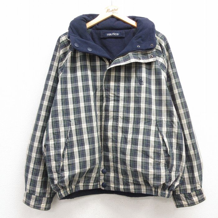 L★古着 ノーティカ NAUTICA 長袖 ブランド ジャケット メンズ 90年代 90s ワンポイントロゴ リバーシブル ラグラン 緑他 グリーン チェック 内側フリース 25feb05 中古 アウター