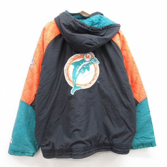 XL★古着 スターター STARTER 長袖 ジャケット パーカー メンズ 90年代 90s NFL マイアミドルフィンズ 刺繍 大きいサイズ ラグラン 黒他 ブラック 内側キルティング アメフト スーパーボウル 【spe】 25feb05 中古 アウター