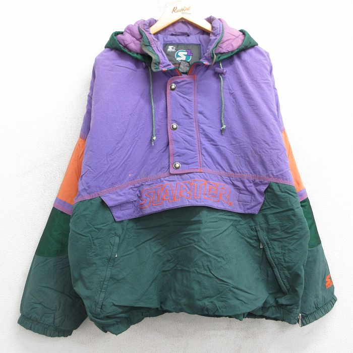 XL★古着 スターター STARTER 長袖 ナイロン ジャケット アノラック パーカー メンズ 90年代 90s ビッグロゴ 緑他 グリーン 内側キルティング 【spe】 25feb06 中古 アウター