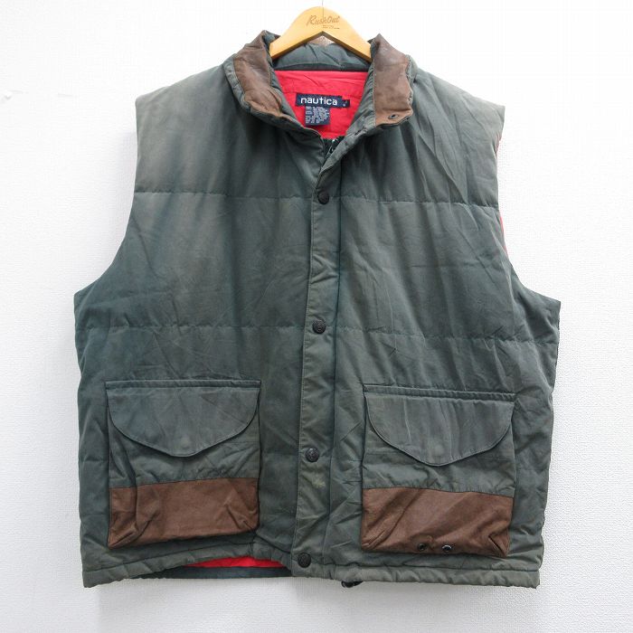 XL★古着 ノーティカ NAUTICA ブランド ダウン ベスト メンズ 90年代 90s 大きいサイズ 襟レザー 緑 グリーン 25feb07 中古 アウター