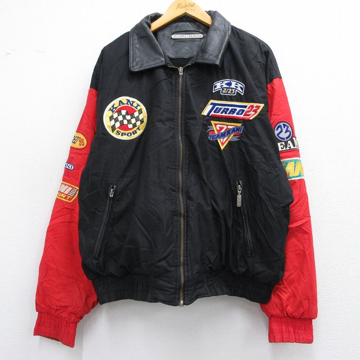 XL★古着 カールカナイ 長袖 ナイロン ジャケット メンズ KANI 襟レザー 黒 ブラック 内側フリース 【spe】 25feb07 中古 アウター