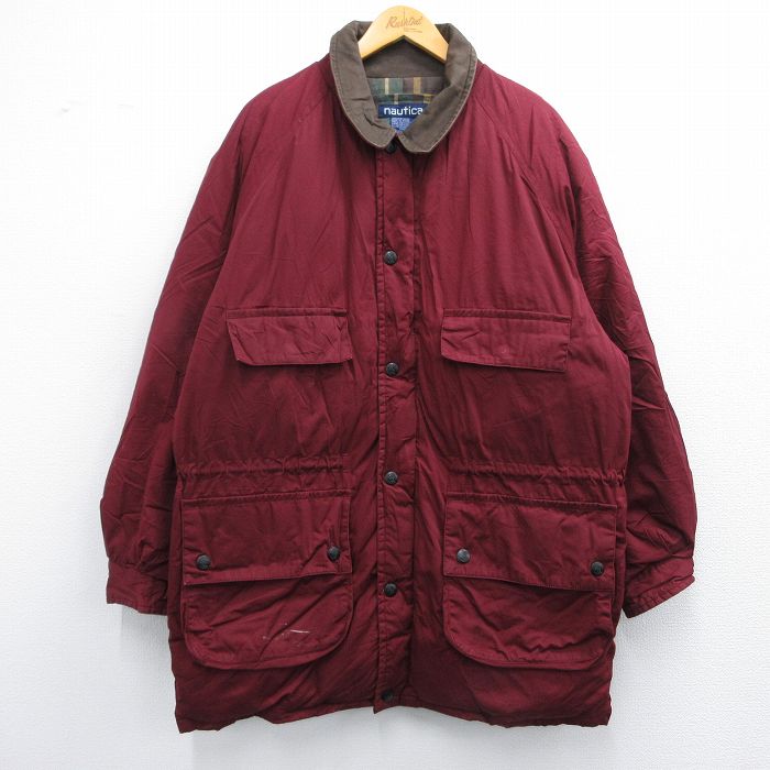 【50%OFF】XL★古着 ノーティカ NAUTICA 長袖 ブランド ダウン ジャケット メンズ 90年代 90s ロング丈 コットン 襟レザー エンジ 25feb07 中古 アウター