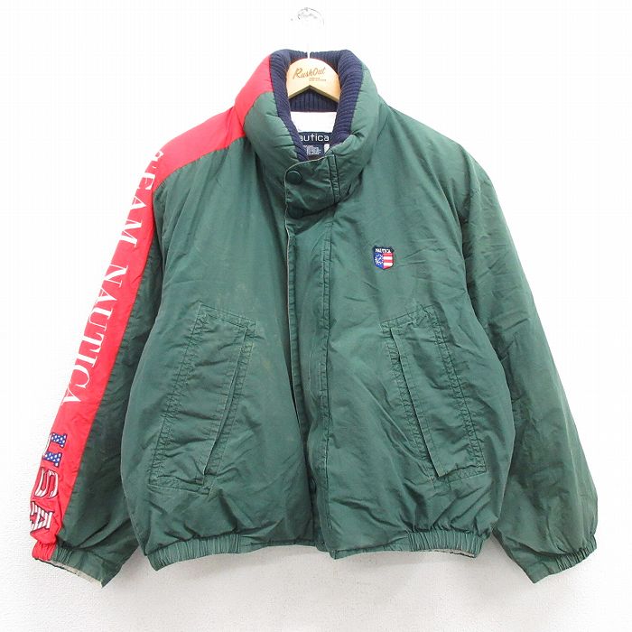 XL★古着 ノーティカ NAUTICA 長袖 ブランド ダウン ジャケット メンズ 90年代 90s ビッグロゴ 刺繍 コットン 緑他 グリーン 内側キルティング 25feb07 中古 アウター