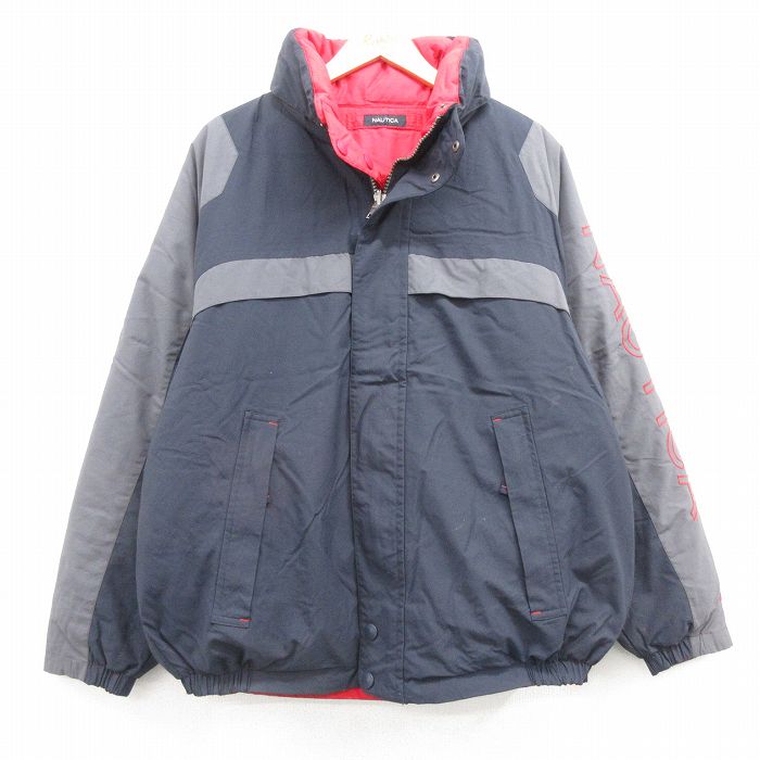 XL★古着 ノーティカ NAUTICA 長袖 ブランド ナイロン ダウン ジャケット メンズ ビッグロゴ 刺繍 リバーシブル ラグラン グレー他 25feb07 中古 アウター