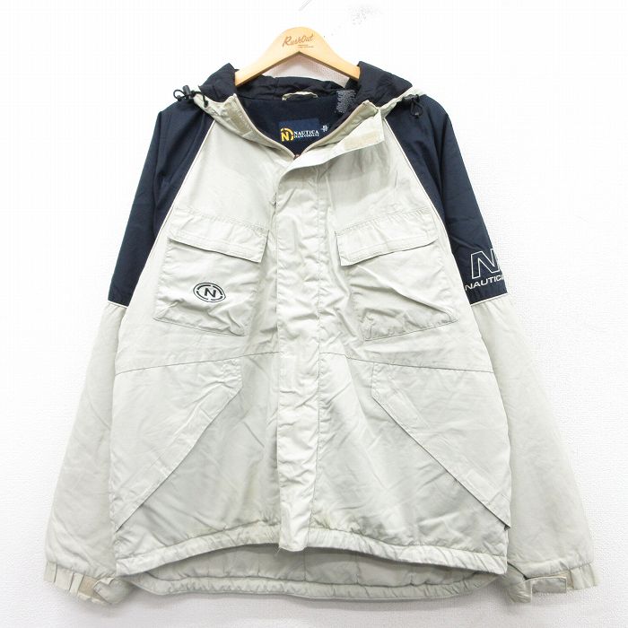 XL★古着 ノーティカ NAUTICA 長袖 ブランド ナイロン ジャケット パーカー メンズ ワンポイントロゴ ラグラン 薄ベージュ他 カーキ 内側フリース 25feb07 中古 アウター