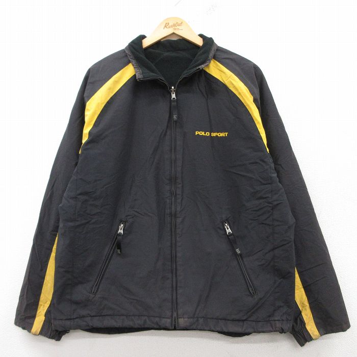 L★古着 ラルフローレン Ralph Lauren ポロスポーツ 長袖 ブランド ジャケット メンズ ワンポイントロゴ ラグラン リバーシブル 黒他 ブラック 内側フリース 25feb07 中古 アウター
