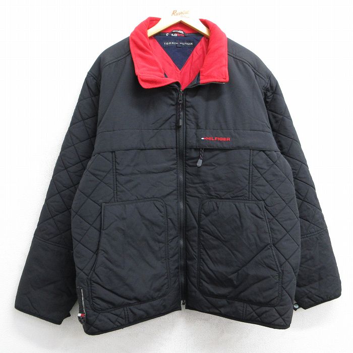 XL★古着 トミーヒルフィガー TOMMY HILFIGER 長袖 ブランド ナイロン ジャケット メンズ ワンポイントロゴ リップストップ 襟フリース 大きいサイズ 黒 ブラック 【spe】 25feb08 中古 アウター