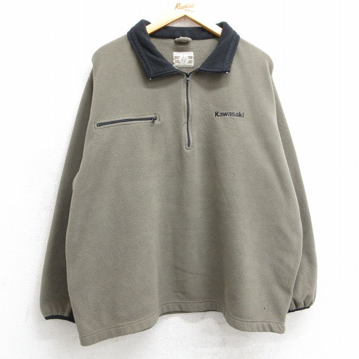 XL★古着 長袖 ハーフジップ フリース ジャケット メンズ カワサキ ベージュ系 カーキ 25feb08 中古 アウター