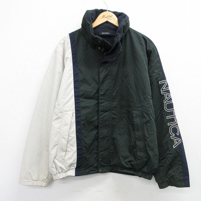 【50%OFF】XL★古着 ノーティカ NAUTICA 長袖 ブランド ナイロン ジャケット メンズ ビッグロゴ リバーシブル 緑他 グリーン 内側フリース 25feb12 中古 アウター
