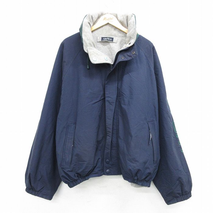 【50%OFF】XL★古着 ノーティカ NAUTICA 長袖 ブランド ジャケット メンズ 90年代 90s ビッグロゴ リバーシブル ラグラン 大きいサイズ 紺他 ネイビー 内側フリース 25feb12 中古 アウター