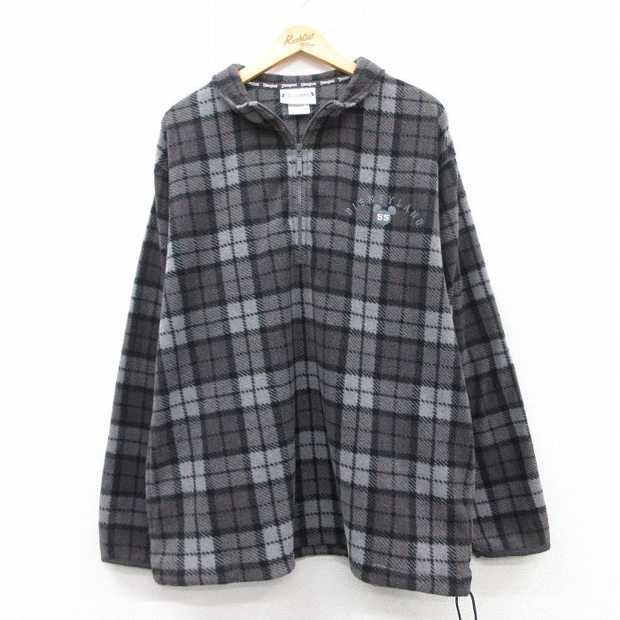 【50%OFF】XL★古着 長袖 ハーフジップ フリース ジャケット メンズ ディズニーランド グレー他 チェック 25feb10 中古 アウター