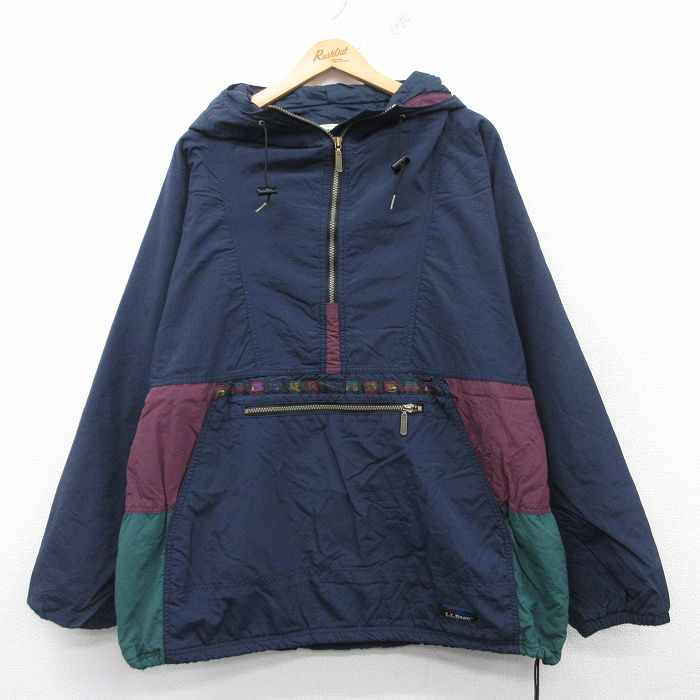 XL★古着 エルエルビーン LLBEAN 長袖 ハーフジップ ナイロン ジャケット アノラック パーカー メンズ 80年代 80s 魚 シカ シンサレート USA製 紺他 ネイビー 【spe】 25feb10 中古 アウター