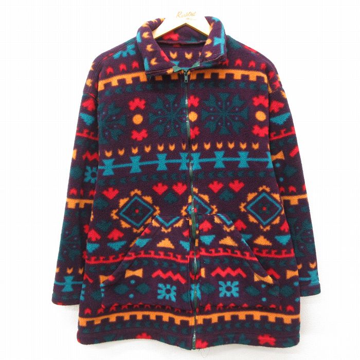 M★古着 長袖 フリース ジャケット メンズ 90年代 90s 総柄 紫他 パープル 25feb17 中古 アウター