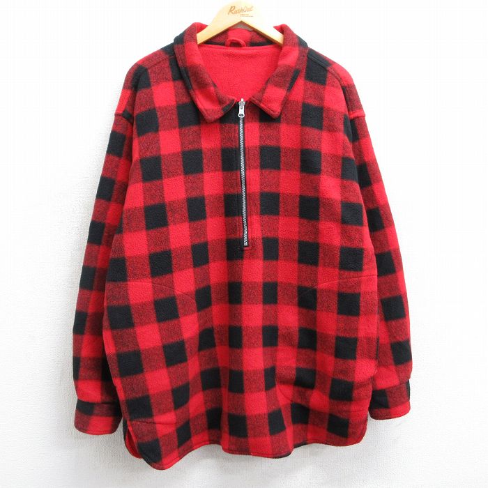 【50%OFF】L★古着 マルボロ 長袖 ハーフジップ フリース ジャケット メンズ 90年代 90s リバーシブル ロング丈 赤他 レッド バッファロー チェック 25feb18 中古 アウター
