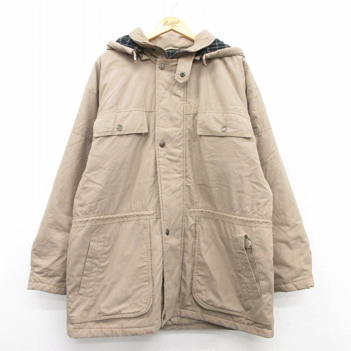 XL★古着 長袖 ジャケット パーカー メンズ 00年代 00s ロング丈 ベージュ カーキ 内側フリース 25feb18 中古 アウター