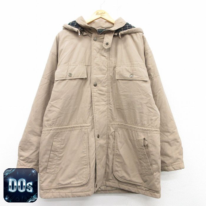 XL★古着 長袖 ジャケット パーカー メンズ 00年代 00s ロング丈 ベージュ カーキ 内側フリース 25feb18 中古 アウター