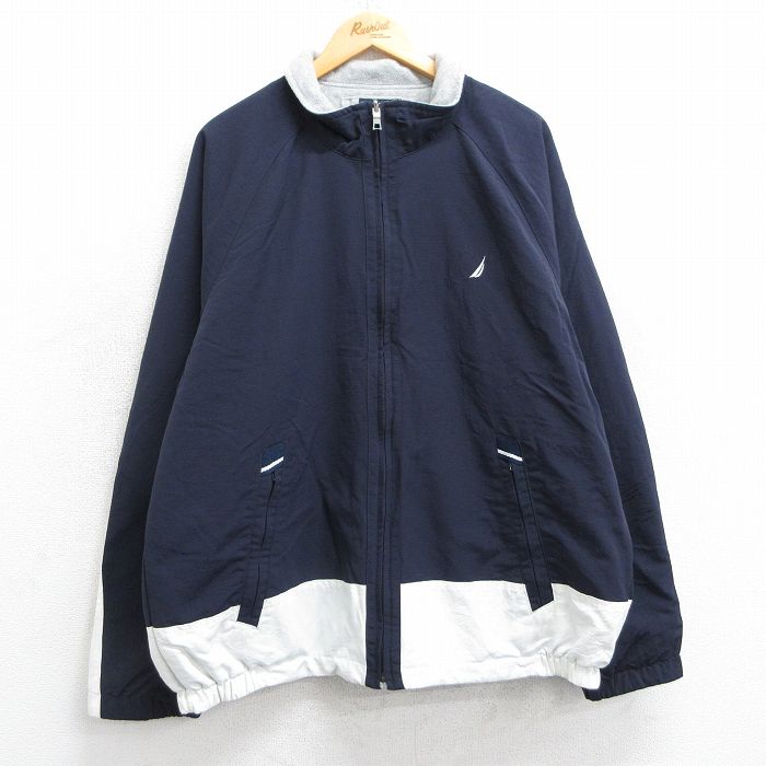 XL★古着 ノーティカ NAUTICA 長袖 ブランド ナイロン ジャケット メンズ ビッグロゴ リバーシブル ラグラン 紺他 ネイビー 内側フリース 25feb21 中古 アウター