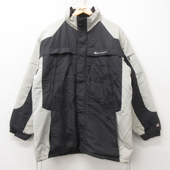 L★古着 チャンピオン champion 長袖 ナイロン ジャケット メンズ 00年代 00s ワンポイントロゴ 濃グレー他 内側フリース 25feb21 中古 アウター