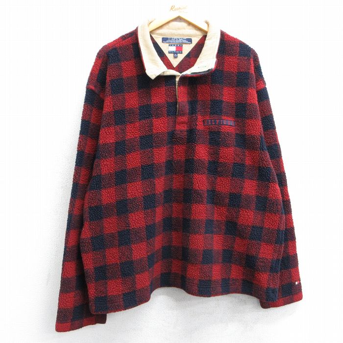 【50%OFF】XL★古着 トミーヒルフィガー TOMMY HILFIGER 長袖 ブランド フリース ジャケット メンズ 90年代 90s ワンポイントロゴ 赤他 レッド バッファロー チェック 25feb22 中古 アウター