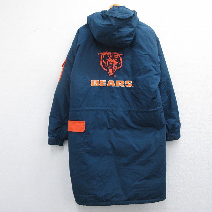 L★古着 長袖 ダウン コート メンズ 90年代 90s NFL シカゴベアーズ 刺繍 ロング丈 紺 ネイビー アメフト スーパーボウル 【spe】 25feb27 中古 アウター