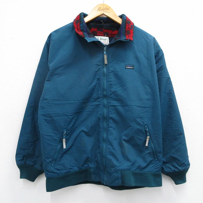 L★古着 エルエルビーン LLBEAN 長袖 ナイロン ウォームアップ ジャケット メンズ 80年代 80s ワンポイントロゴ リフレクター 青緑 内側フリース 25feb27 中古 アウター