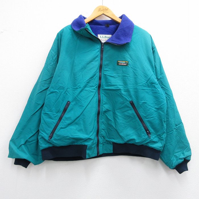 XL★古着 エルエルビーン LLBEAN 長袖 ナイロン ウォームアップ ジャケット メンズ 80年代 80s ワンポイントロゴ 緑他 グリーン 内側フリース 【spe】 25feb27 中古 アウター