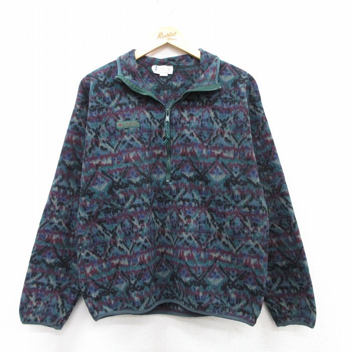 M★古着 コロンビア COLUMBIA 長袖 ハーフジップ フリース ジャケット メンズ 90年代 90s 総柄 USA製 濃緑他 グリーン 【spe】 25sep13 中古 アウター