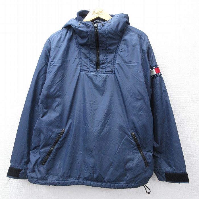 XL★古着 トミーヒルフィガー TOMMY HILFIGER トミージーンズ 長袖 ブランド ハーフジップ ナイロン ジャケット パーカー メンズ 90年代 90s ビッグロゴ 紺 ネイビー 内側フリース 【spe】 25sep26 中古 アウター