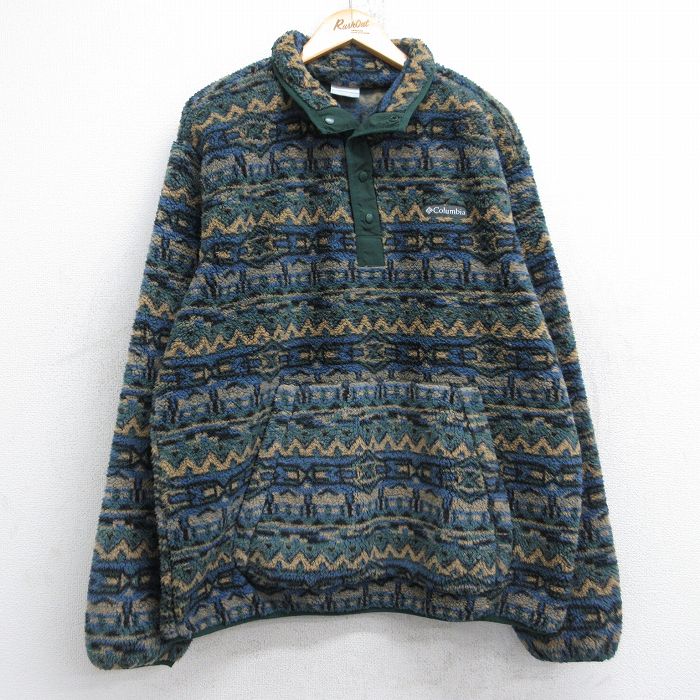 XL★古着 コロンビア COLUMBIA 長袖 フリース ジャケット メンズ ネイティブ柄 ラグ柄 スナップT 濃緑他 グリーン 25sep26 中古 アウター