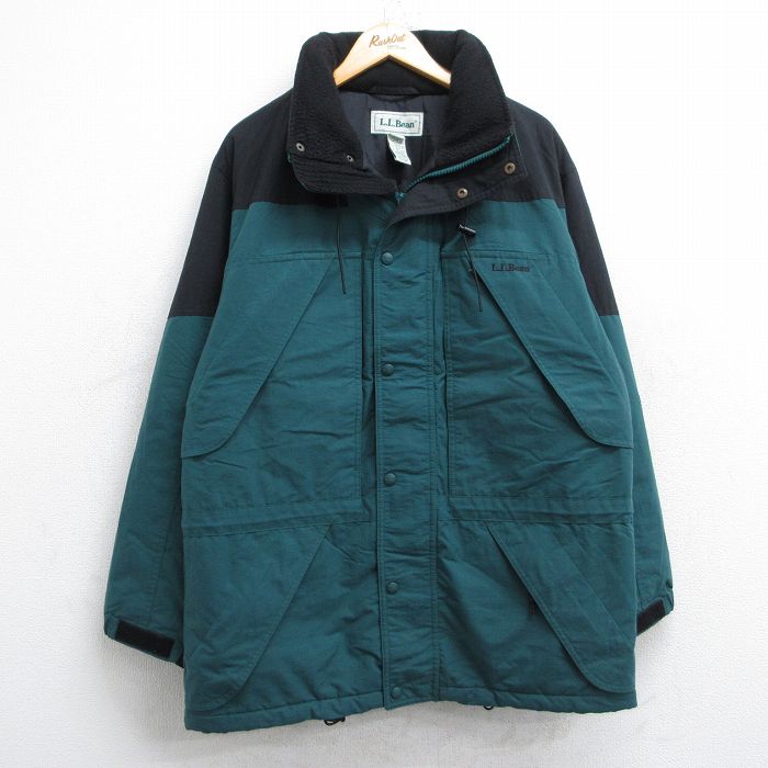 L★古着 エルエルビーン LLBEAN 長袖 ナイロンｎ マウンテン ジャケット メンズ 90年代 90s ワンポイントロゴ 襟フリース ロング丈 緑他 グリーン 【spe】 25sep27 中古 アウター