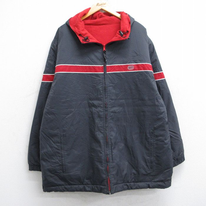 XL★古着 ナイキ NIKE 長袖 ナイロン ジャケット パーカー メンズ 00年代 00s ビッグロゴ リバーシブル 大きいサイズ ロング丈 濃グレー 内側フリース 25sep27 中古 アウター