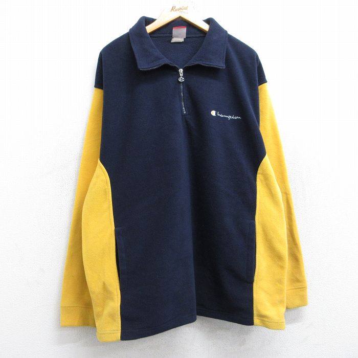 チャンピオン 00s ハーフジップフリースジャケット ワンポイントロゴ ネイビー XL | 古着