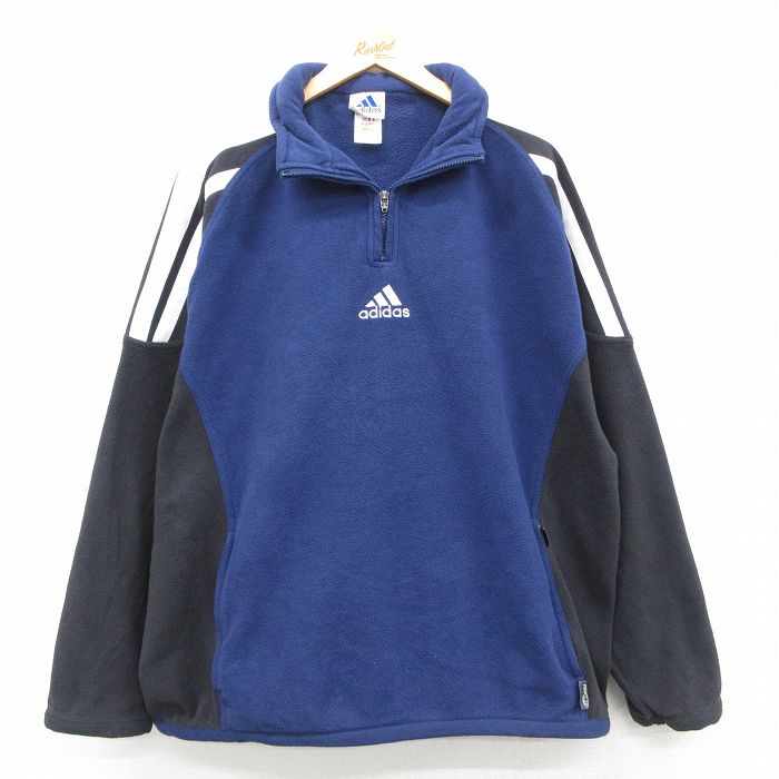 XL★古着 アディダス adidas 長袖 ハーフジップ フリース ジャケット メンズ 90年代 90s ワンポイントロゴ 大きいサイズ 紺他 ネイビー 3本ライン 【spe】 25sep29 中古 アウター