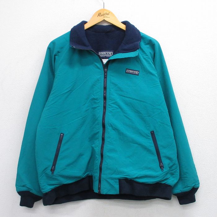 XL★古着 ランズエンド 長袖 ナイロン ジャケット メンズ 90年代 90s ワンポイントロゴ ラグラン 青緑 内側フリース 【spe】 25sep29 中古 アウター
