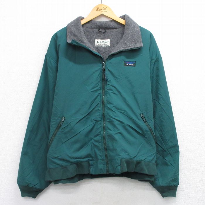 XL★古着 エルエルビーン LLBEAN 長袖 ナイロン ウォームアップ ジャケット メンズ 90年代 90s ワンポイントロゴ 大きいサイズ 緑 グリーン 内側フリース 【spe】 25sep30 中古 アウター