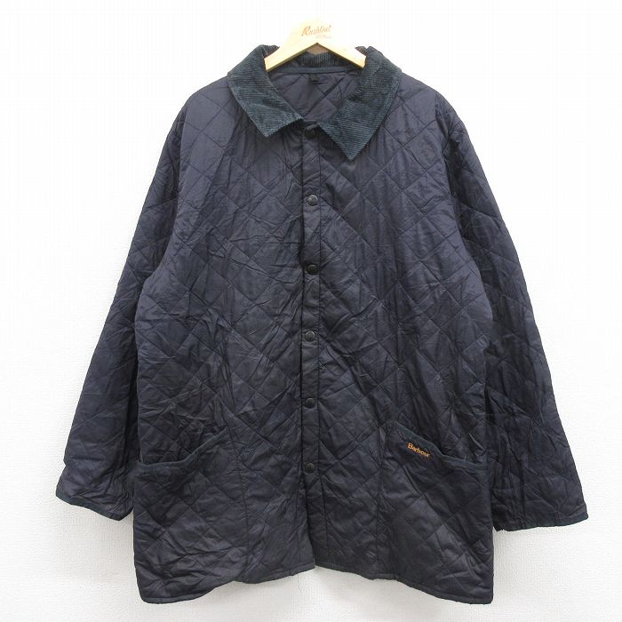 XL★古着 バブアー 長袖 キルティング ジャケット メンズ ロング丈 襟コーデュロイ 紺 ネイビー 25sep30 中古 アウター