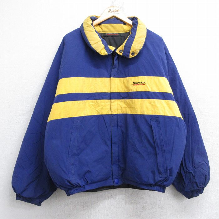 XL★古着 ノーティカ NAUTICA 長袖 ブランド ナイロン ダウン ジャケット メンズ ワンポイントロゴ リバーシブル 青 ブルー 【spe】 25oct01 中古 アウター