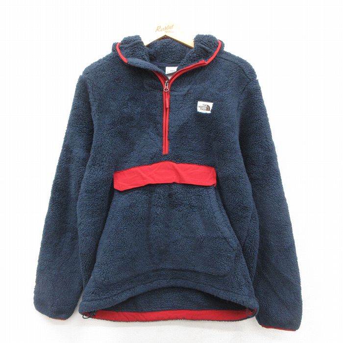 M★古着 ノースフェイス THE NORTH FACE 長袖 ハーフジップ フリース ジャケット パーカー メンズ ワンポイントロゴ ヒジ当て 紺 ネイビー 25oct11 中古 アウター