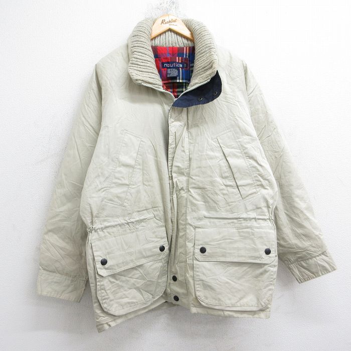 XL★古着 ノーティカ NAUTICA 長袖 ブランド ダウン ジャケット メンズ 90年代 90s ヒジ当てレザー ラグラン ロング丈 コットン 薄ベージュ カーキ 【spe】 25oct21 中古 アウター