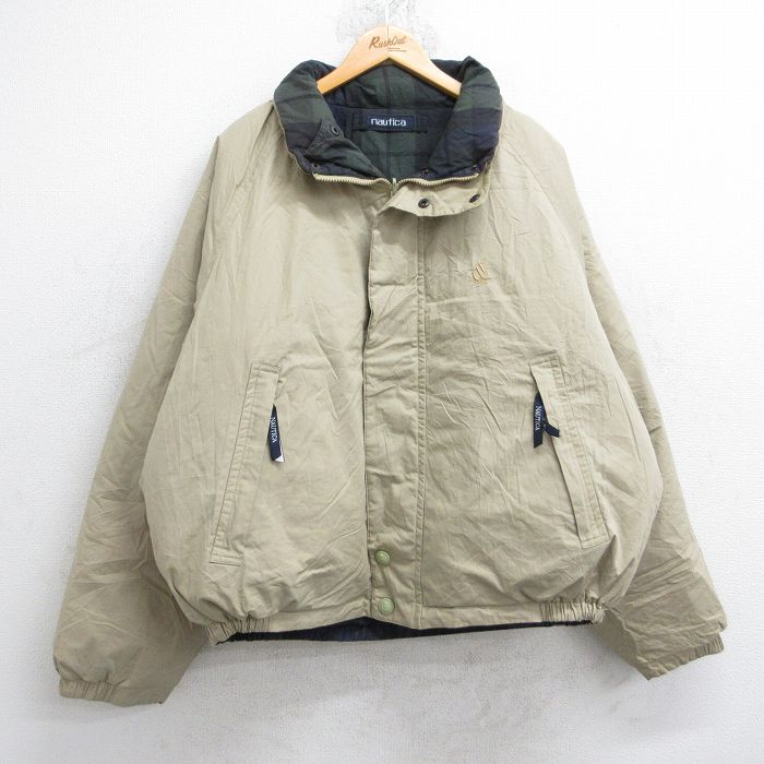 XL★古着 ノーティカ NAUTICA 長袖 ブランド ダウン ジャケット メンズ 90年代 90s ワンポイントロゴ リバーシブル ラグラン 大きいサイズ コットン ベージュ カーキ 25oct21 中古 アウター