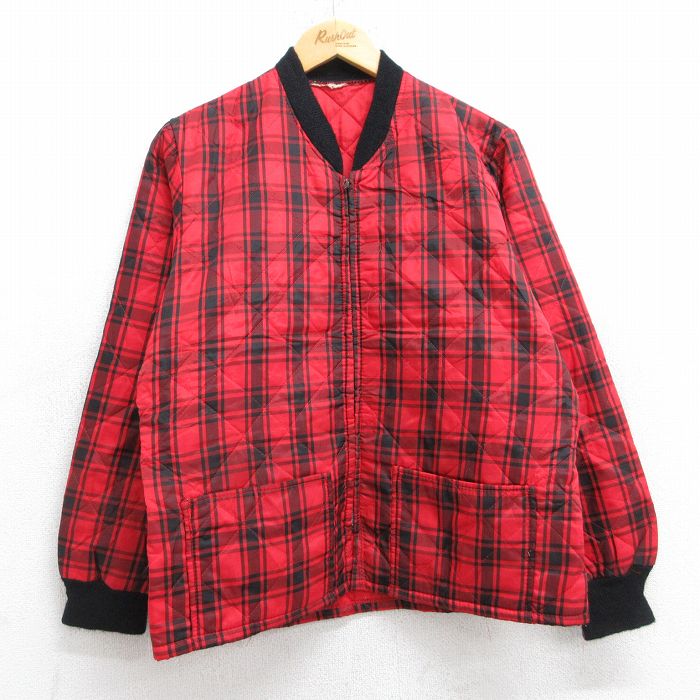 M★古着 長袖 キルティング ジャケット メンズ 70年代 70s タロン 赤他 レッド チェック 25oct21 中古 アウター